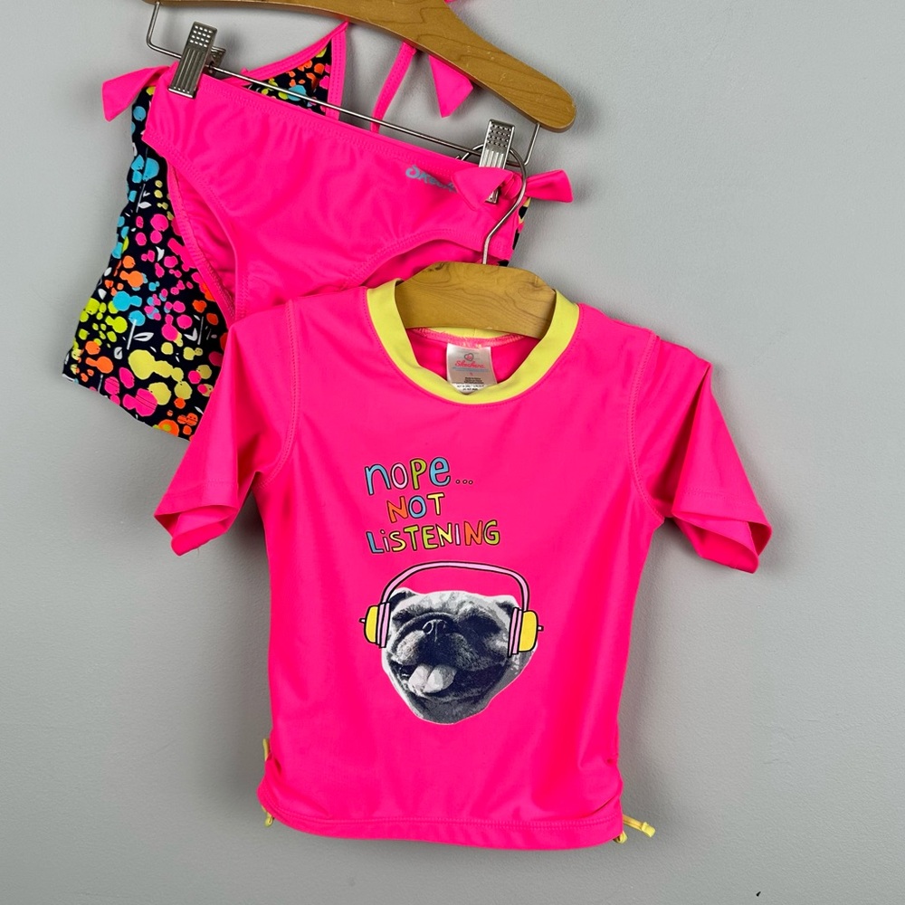 Sketchers Pink 3 pc Swim Suit Set with Graphic Rash guard sz 5